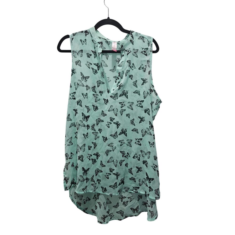No Boundaries Y2K Sheer Butterfly Chiffon Tunic Blouse High Low Mint XL 15-17